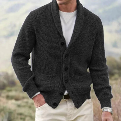 Black Men's Cardigan – Shawl Collar Button Front Knit