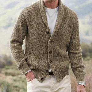 Black Men's Cardigan – Shawl Collar Button Front Knit - Camel