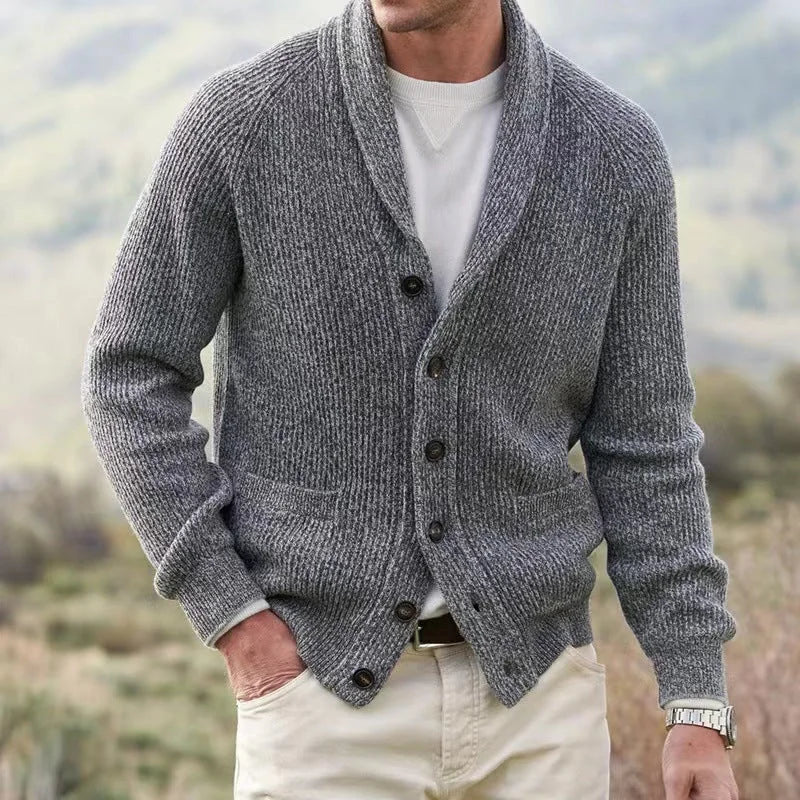 Black Men's Cardigan – Shawl Collar Button Front Knit - Grey