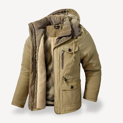 Black Men's Winter Jacket – Hooded Fleece-Lined Utility Work - Beige
