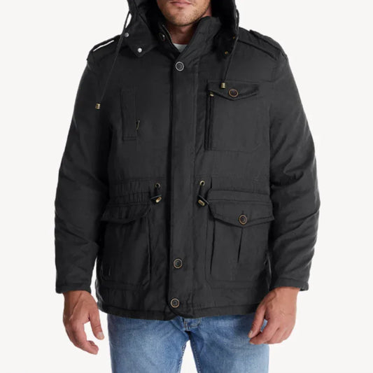 Black Men's Winter Jacket – Hooded Fleece-Lined Utility Work - Black