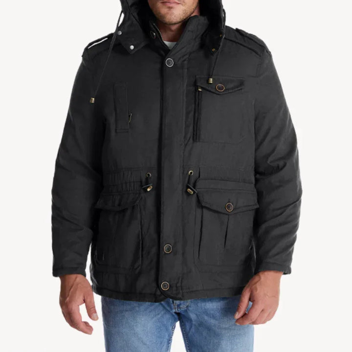Black Men's Winter Jacket – Hooded Fleece-Lined Utility Work - Black