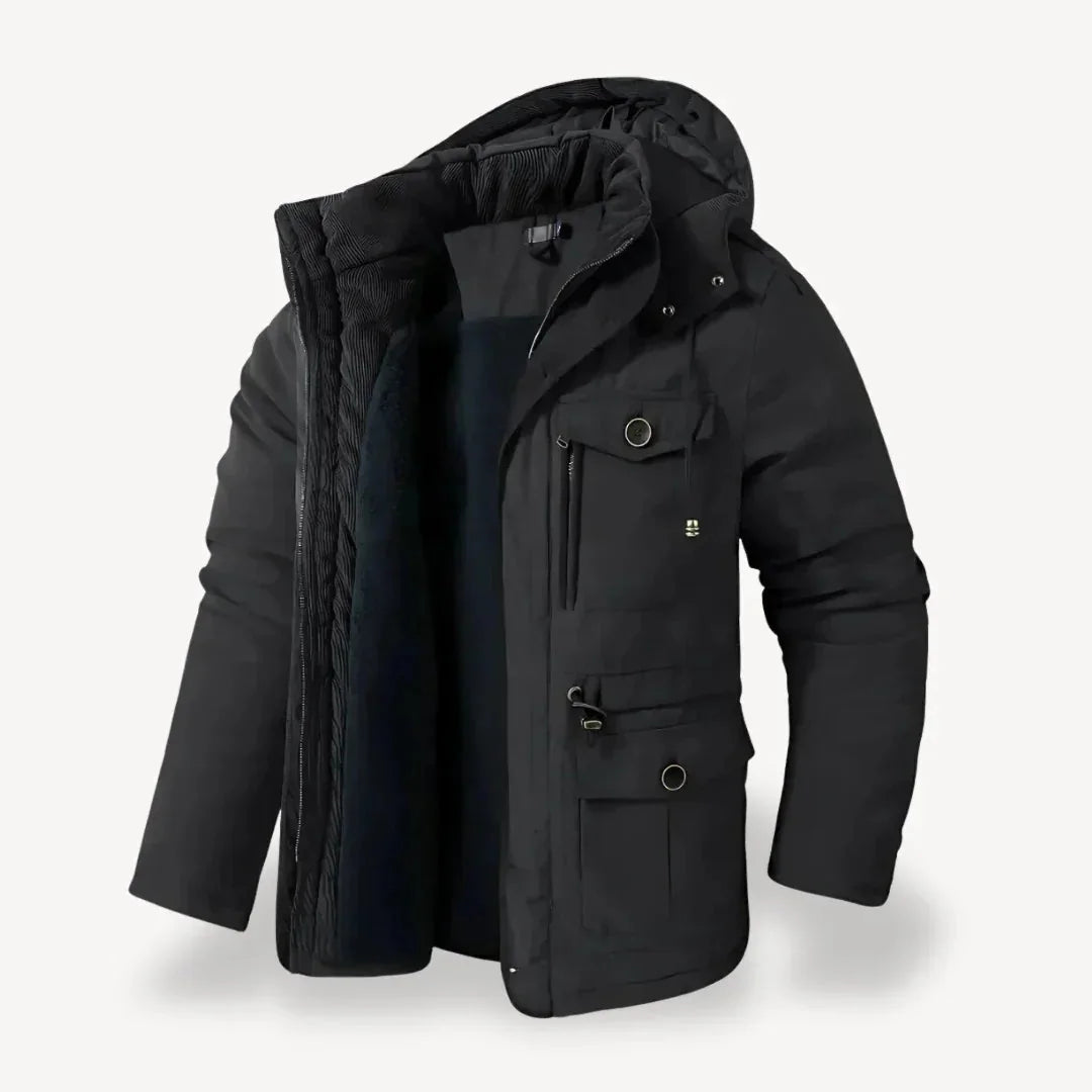Black Men's Winter Jacket – Hooded Fleece-Lined Utility Work