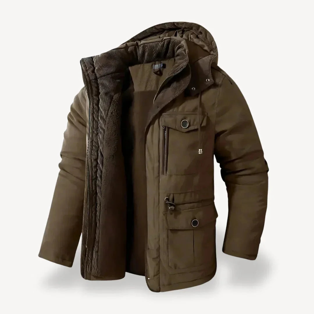 Black Men's Winter Jacket – Hooded Fleece-Lined Utility Work - Brown