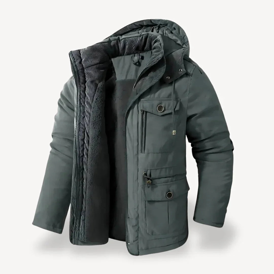 Black Men's Winter Jacket – Hooded Fleece-Lined Utility Work - Grey