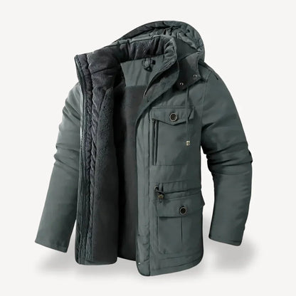 Black Men's Winter Jacket – Hooded Fleece-Lined Utility Work - Grey