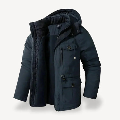 Black Men's Winter Jacket – Hooded Fleece-Lined Utility Work - Navy