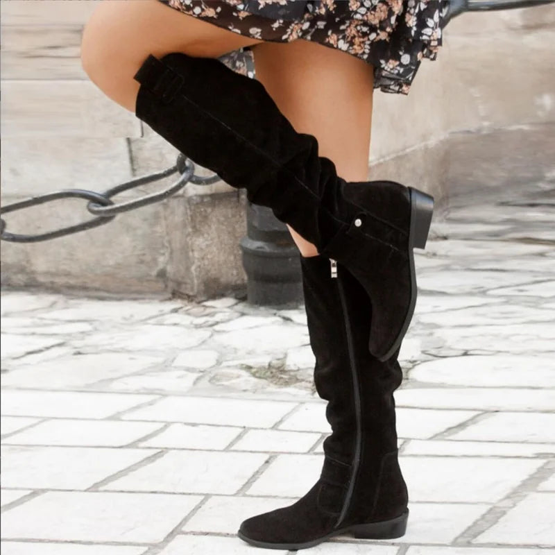 Black Over the Knee Boots – Flat Suede-Look Slouch - Black