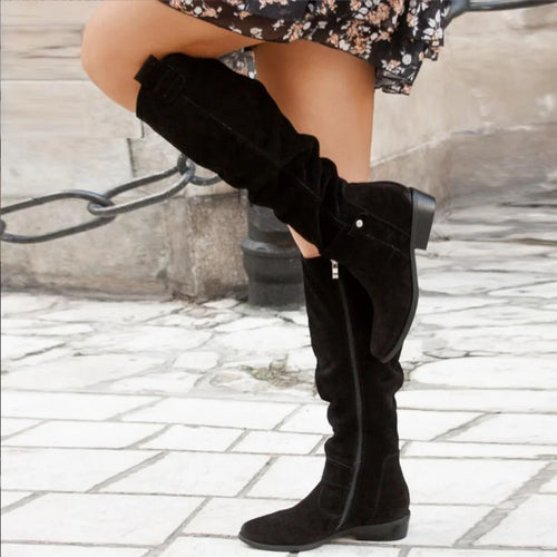 Black Over the Knee Boots – Flat Suede-Look Slouch