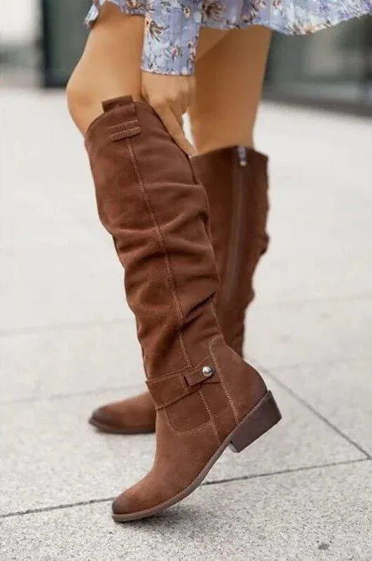 Black Over the Knee Boots – Flat Suede-Look Slouch - Brown