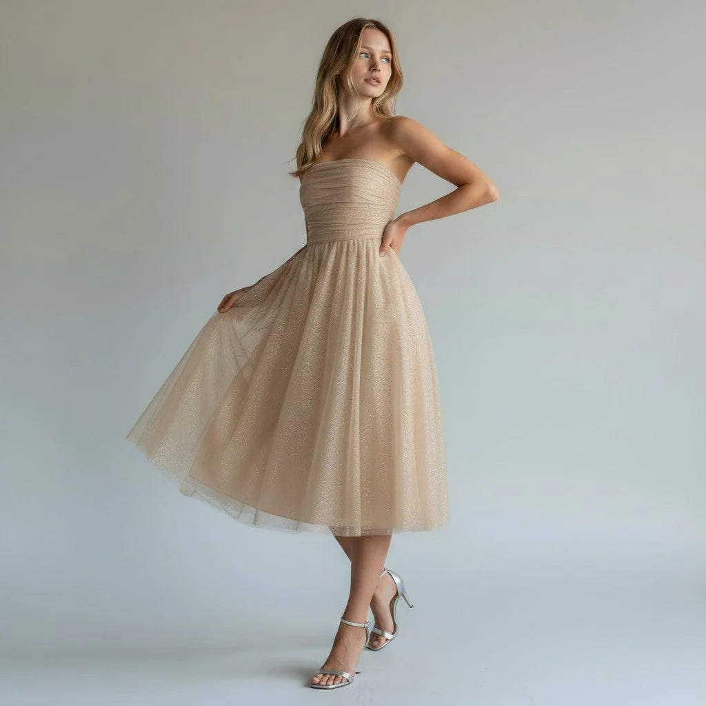 Black Sparkly Dress – Strapless Sequin Tulle Midi - Beige