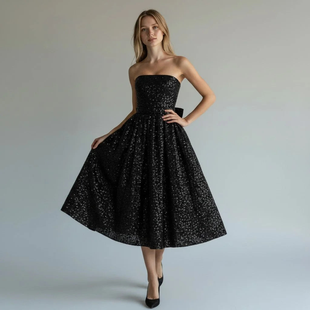 Black Sparkly Dress – Strapless Sequin Tulle Midi - Black