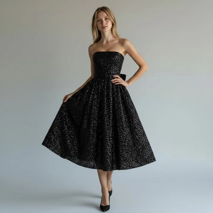 Black Sparkly Dress – Strapless Sequin Tulle Midi - Black