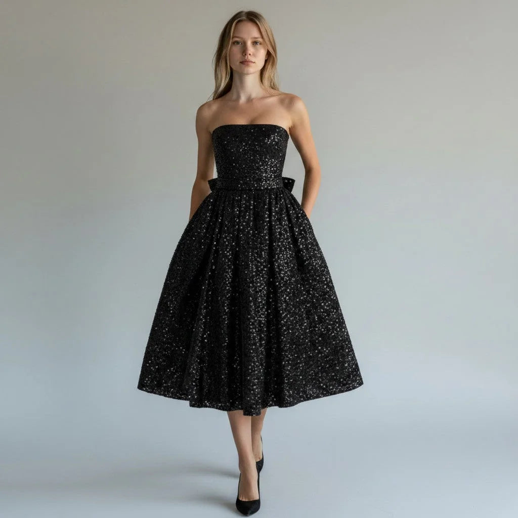 Black Sparkly Dress – Strapless Sequin Tulle Midi