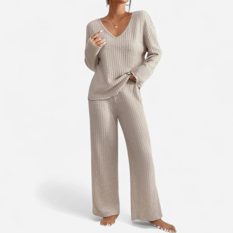 Black Sweater Set – V-Neck Rib Knit Top and Pants Two-Piece - Beige