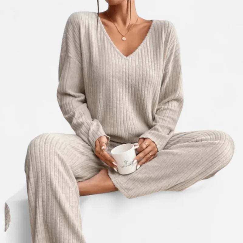 Black Sweater Set – V-Neck Rib Knit Top and Pants Two-Piece