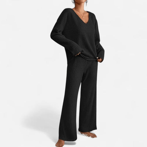 Black Sweater Set – V-Neck Rib Knit Top and Pants Two-Piece