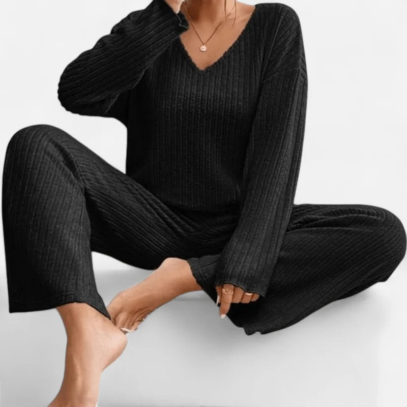Black Sweater Set – V-Neck Rib Knit Top and Pants Two-Piece