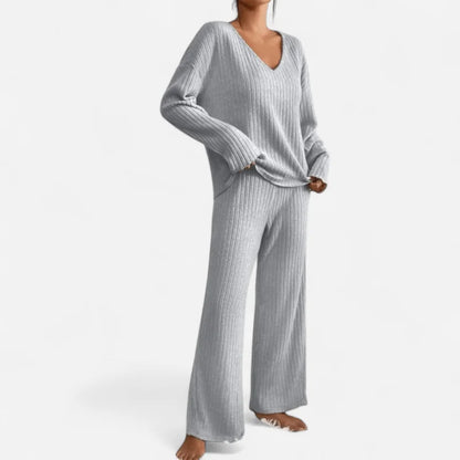 Black Sweater Set – V-Neck Rib Knit Top and Pants Two-Piece - Grey