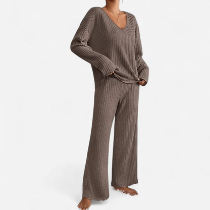 Black Sweater Set – V-Neck Rib Knit Top and Pants Two-Piece - Light Brown