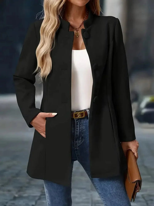 Black Wool Coat Women – Stand Collar Wool-Blend Overcoat
