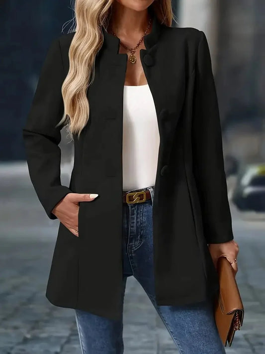 Black Wool Coat Women – Stand Collar Wool-Blend Overcoat - Black