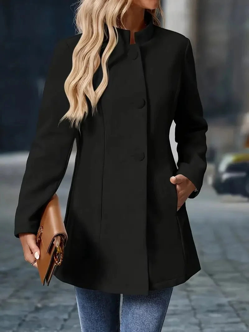 Black Wool Coat Women – Stand Collar Wool-Blend Overcoat