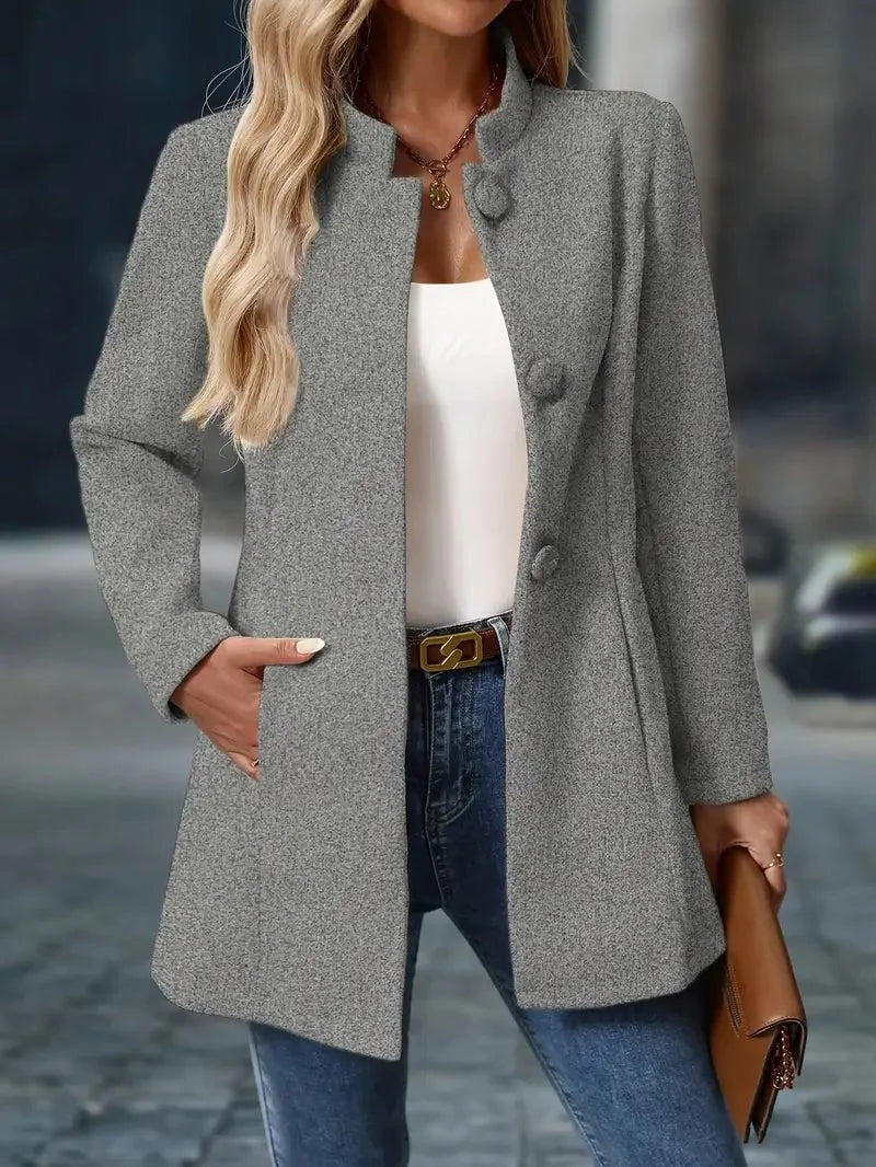 Black Wool Coat Women – Stand Collar Wool-Blend Overcoat - Grey