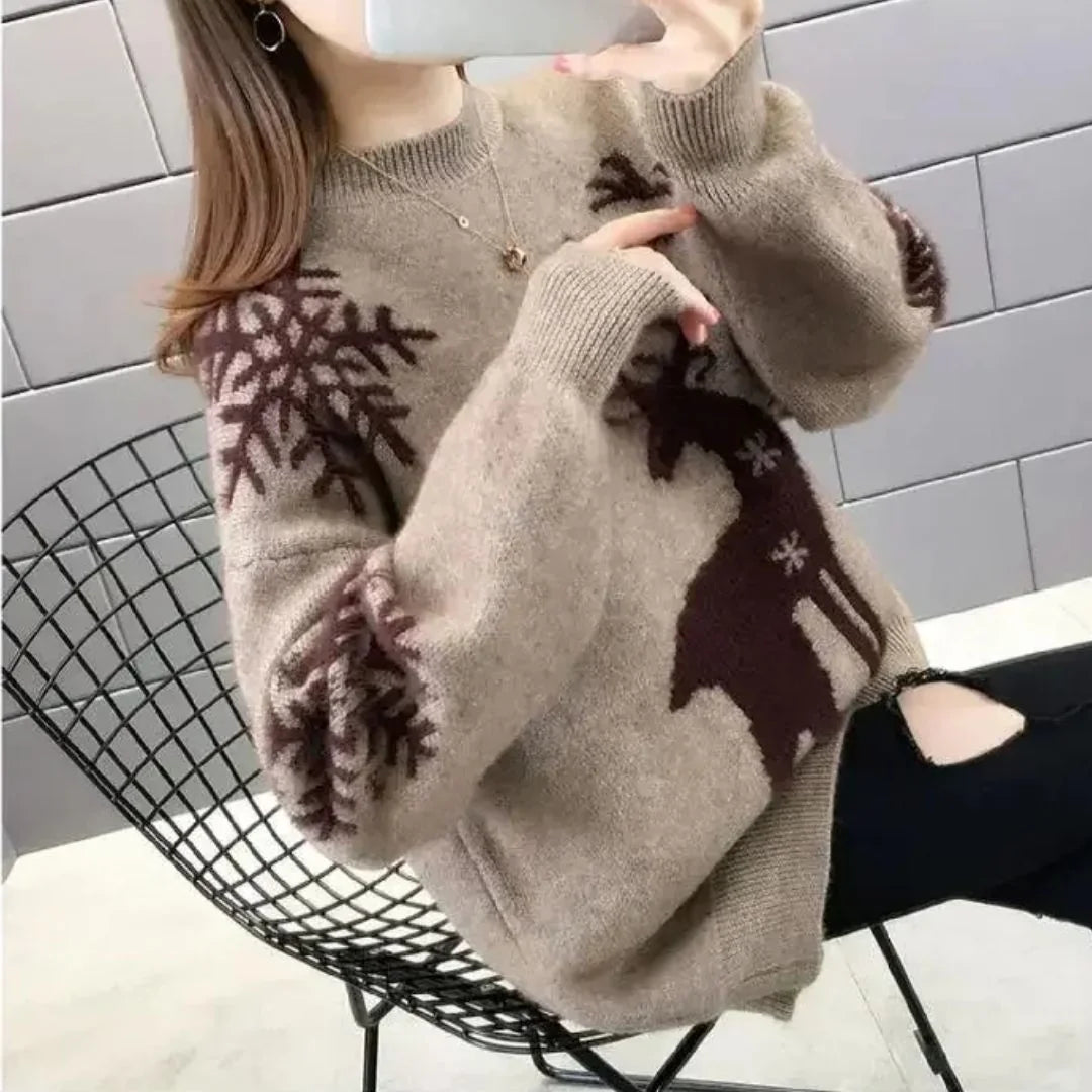 Cream Holiday Sweater Women – Reindeer Fluffy Knit Winter