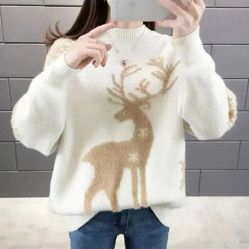 Cream Holiday Sweater Women – Reindeer Fluffy Knit Winter