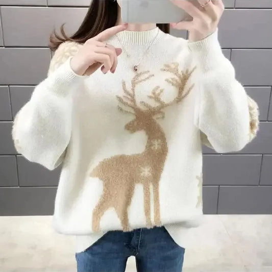 Cream Holiday Sweater Women – Reindeer Fluffy Knit Winter - Cream