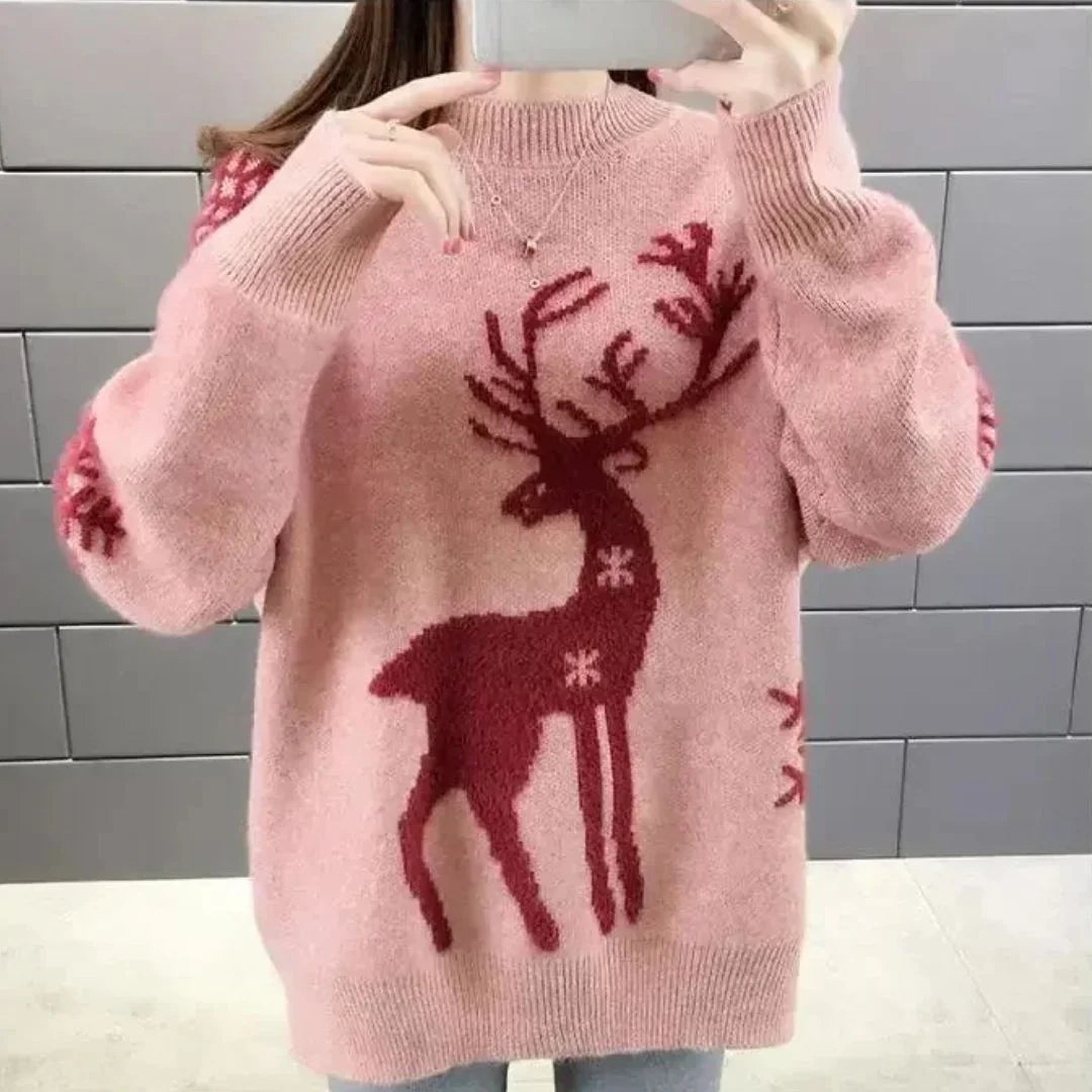 Cream Holiday Sweater Women – Reindeer Fluffy Knit Winter - Pink
