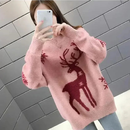 Cream Holiday Sweater Women – Reindeer Fluffy Knit Winter