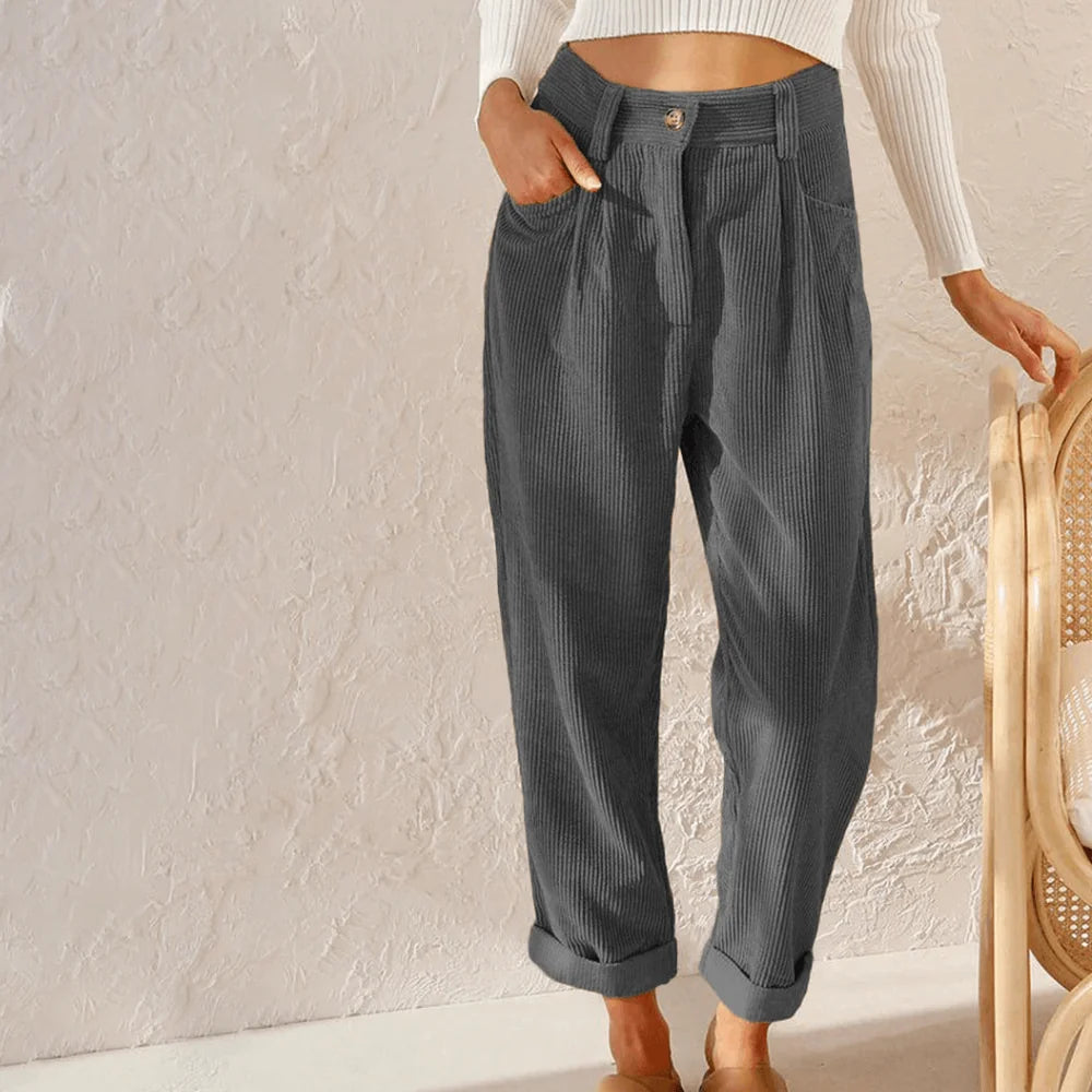 Navy Corduroy Pants – Women's High-Waist Tapered - Grey
