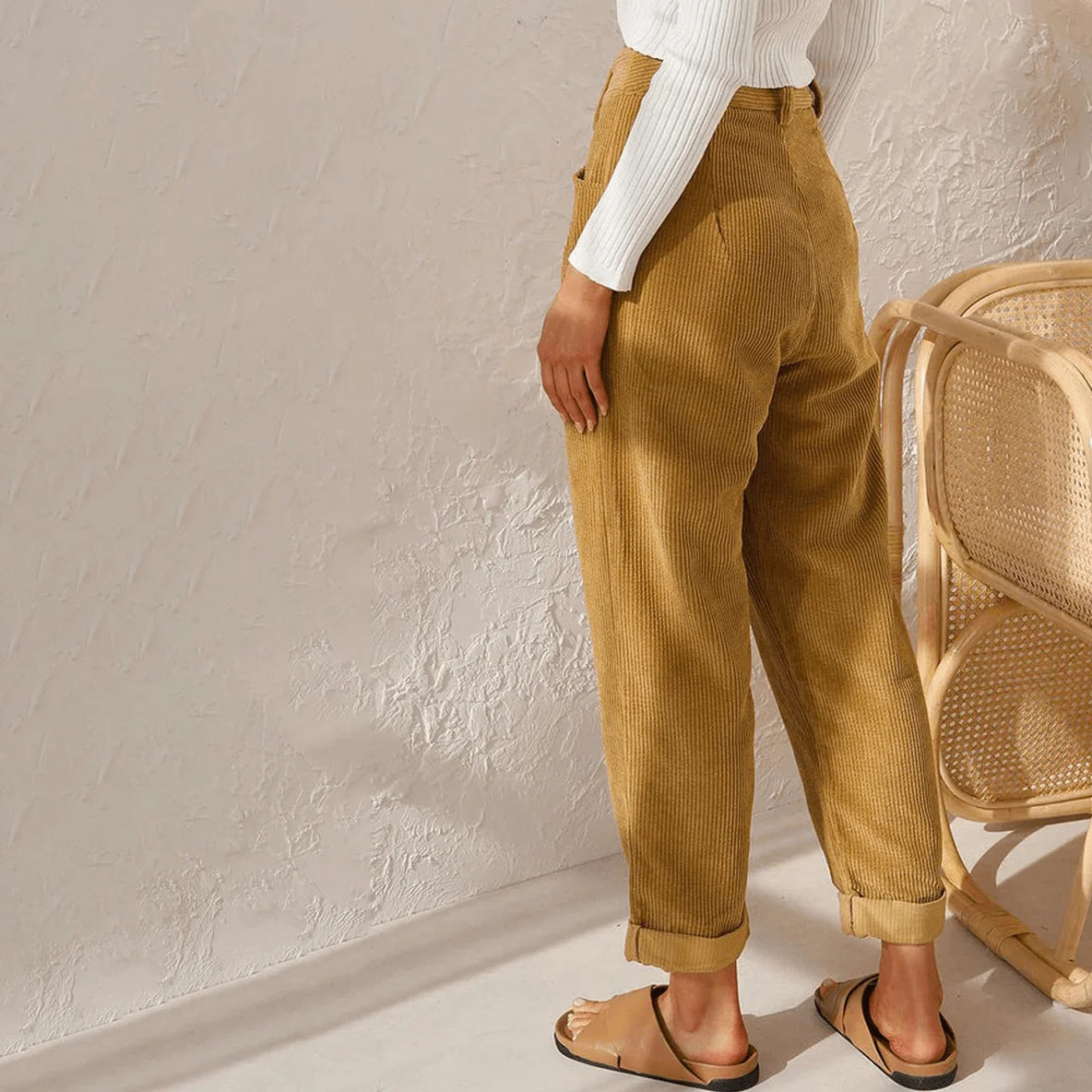Navy Corduroy Pants – Women's High-Waist Tapered - Mustard