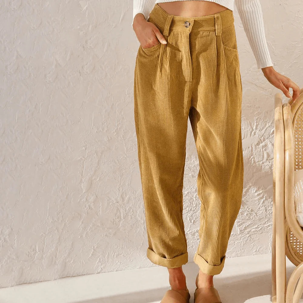 Navy Corduroy Pants – Women's High-Waist Tapered