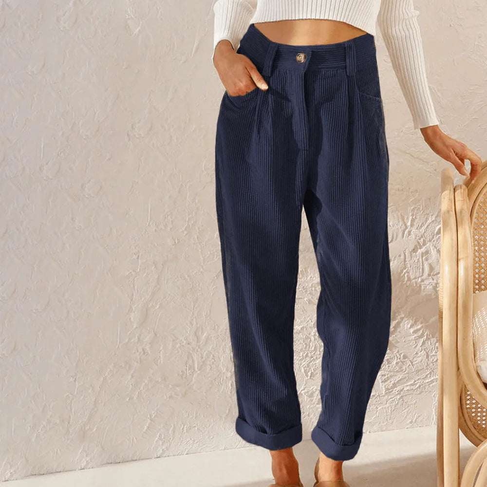 Navy Corduroy Pants – Women's High-Waist Tapered - Navy