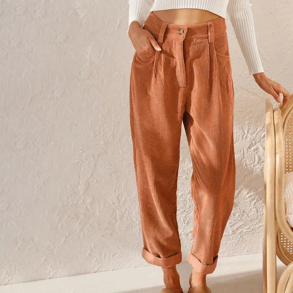 Navy Corduroy Pants – Women's High-Waist Tapered - Rust