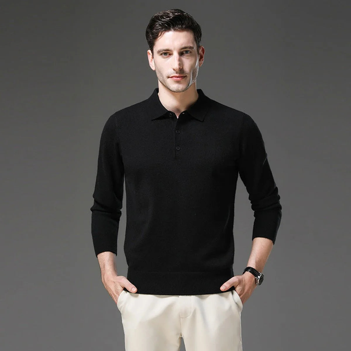 Navy Polo Sweater – Men's Long Sleeve Button Collar Knit - Black