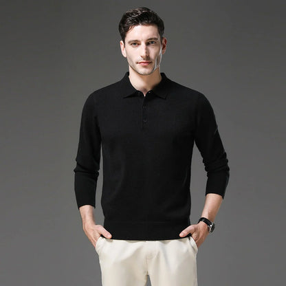 Navy Polo Sweater – Men's Long Sleeve Button Collar Knit - Black