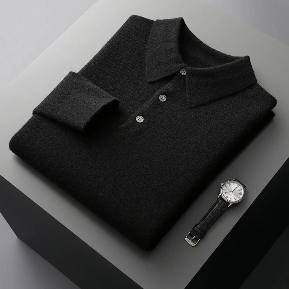 Navy Polo Sweater – Men's Long Sleeve Button Collar Knit