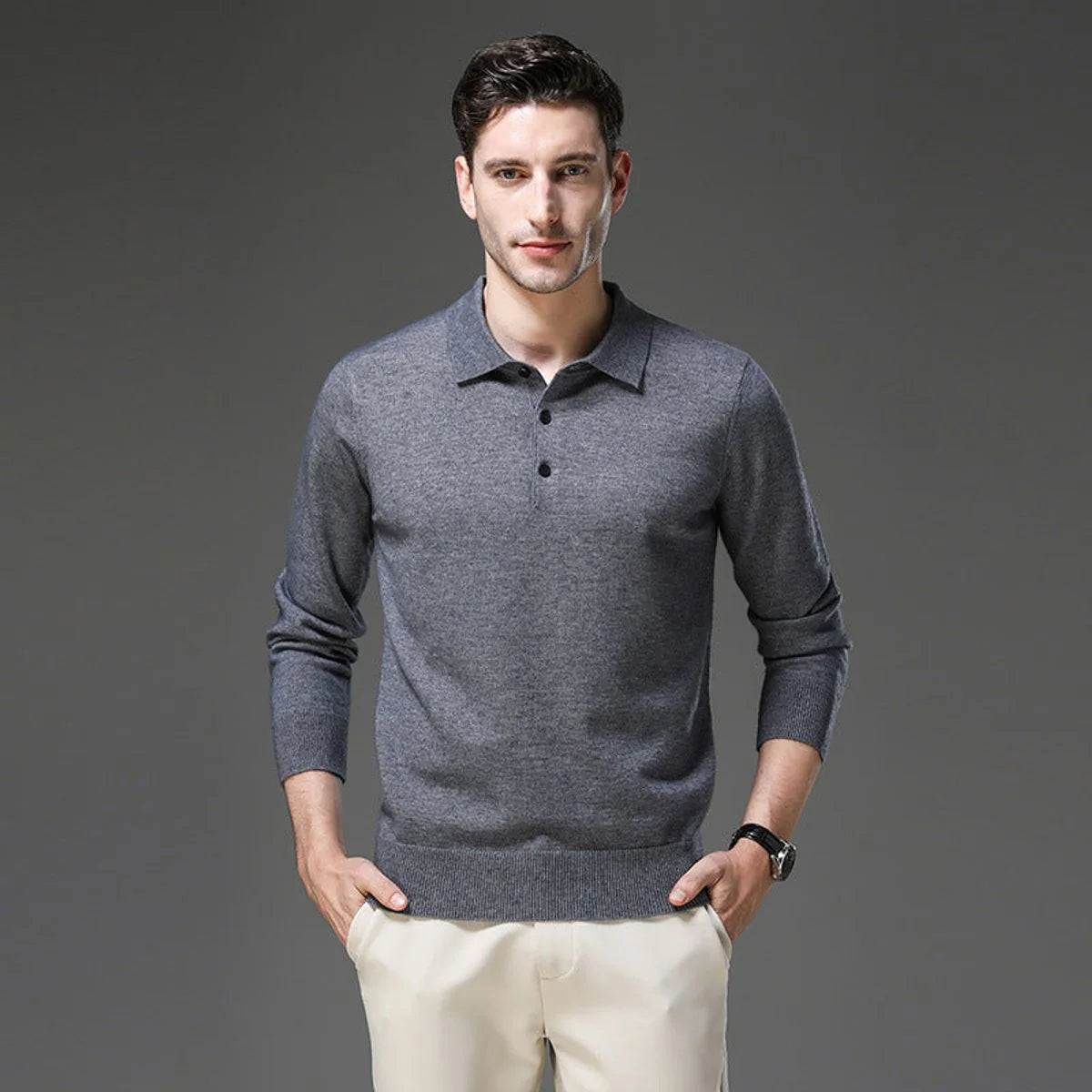 Navy Polo Sweater – Men's Long Sleeve Button Collar Knit - Grey