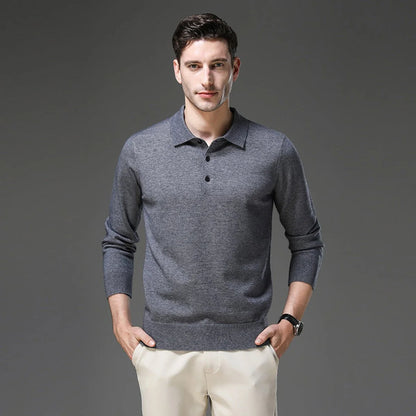 Navy Polo Sweater – Men's Long Sleeve Button Collar Knit - Grey