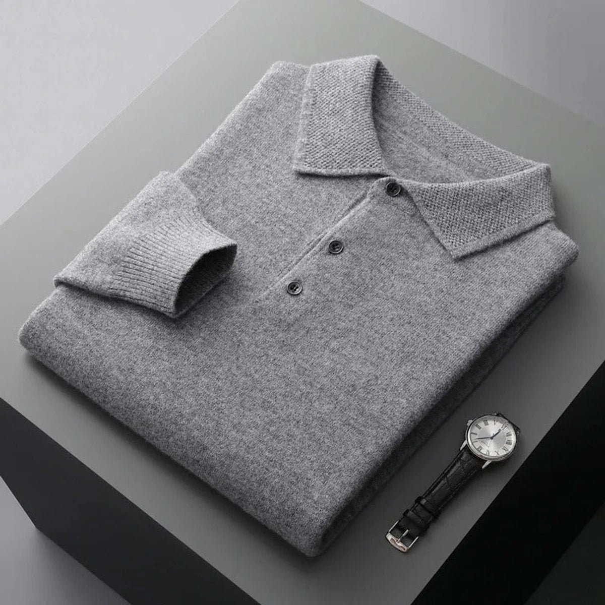 Navy Polo Sweater – Men's Long Sleeve Button Collar Knit