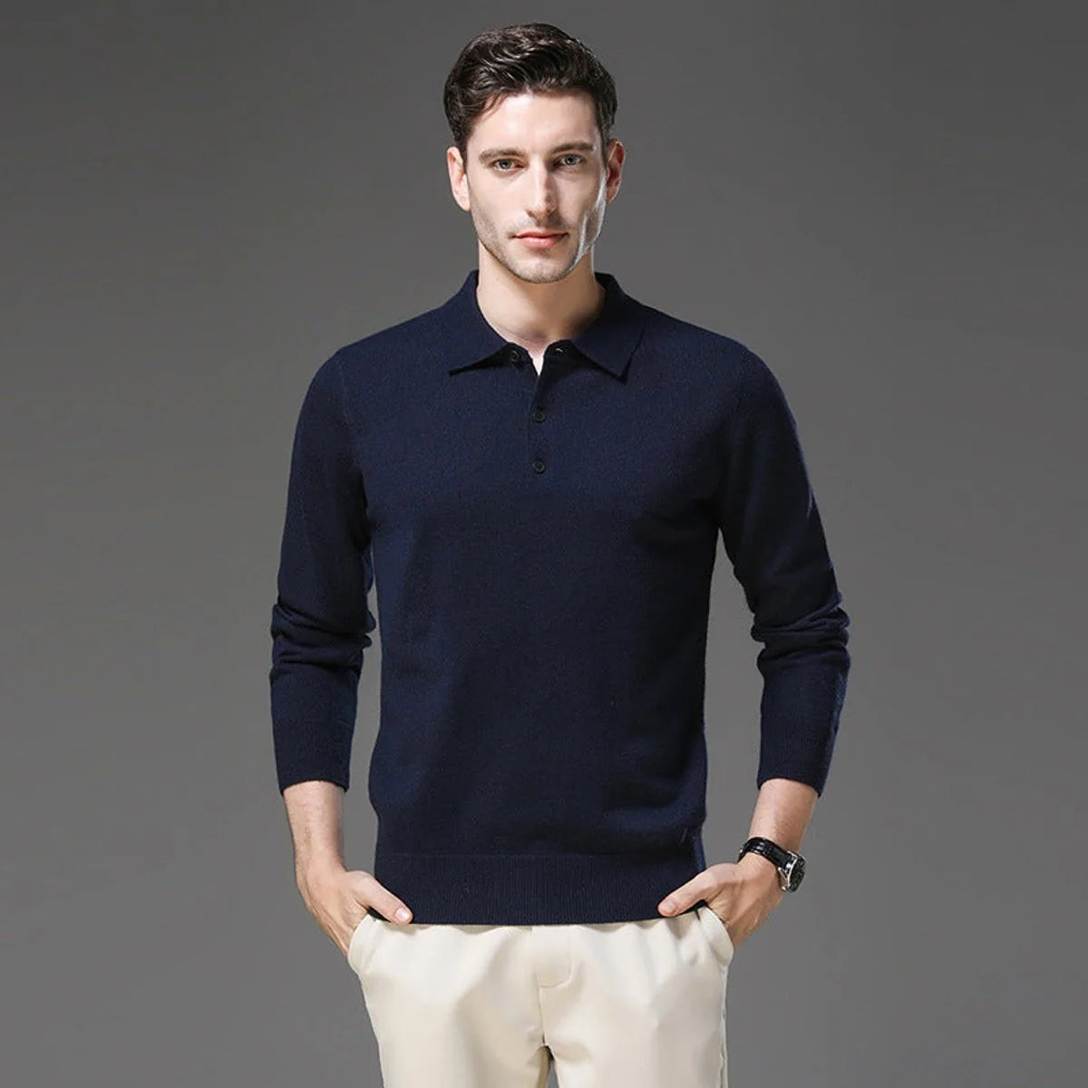 Navy Polo Sweater – Men's Long Sleeve Button Collar Knit - Navy
