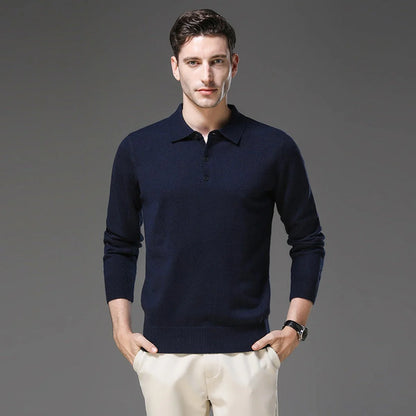 Navy Polo Sweater – Men's Long Sleeve Button Collar Knit - Navy