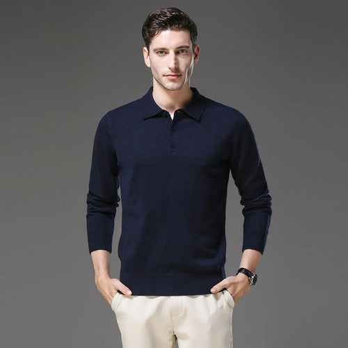 Navy Polo Sweater – Men's Long Sleeve Button Collar Knit