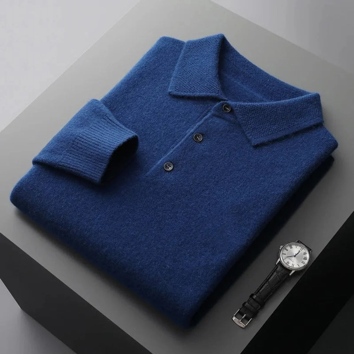 Navy Polo Sweater – Men's Long Sleeve Button Collar Knit