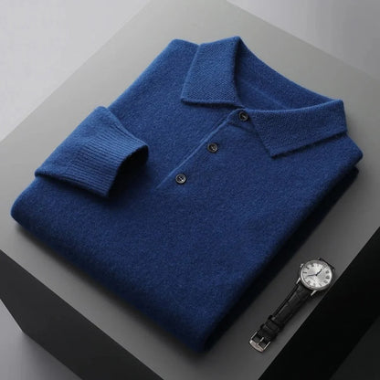Navy Polo Sweater – Men's Long Sleeve Button Collar Knit