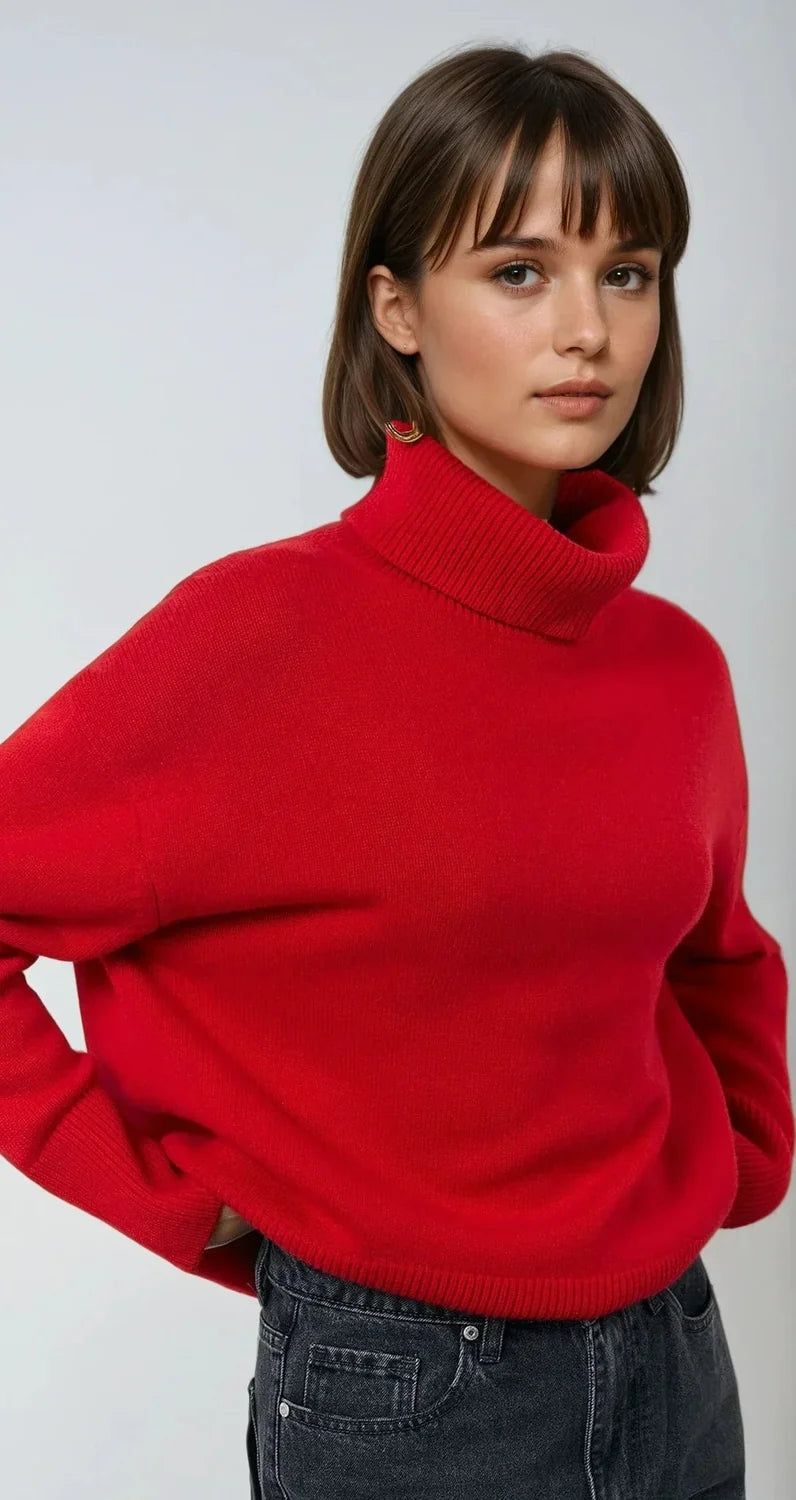 Red Sweater Women – Oversized Roll-Neck Chunky Knit - Red